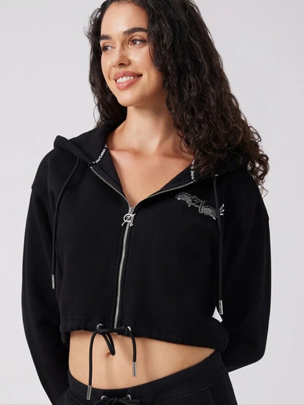 Juicy Couture x Angel Reese Black Cropped Zip Hoodie with Drawcord